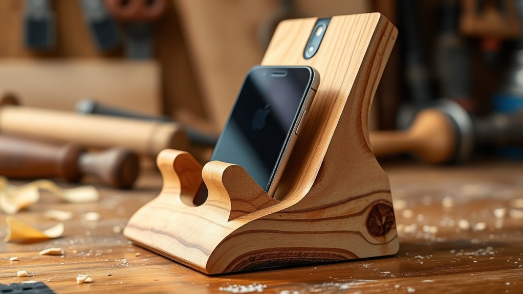 rustic wooden phone stand