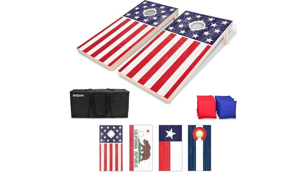 large cornhole set with flags