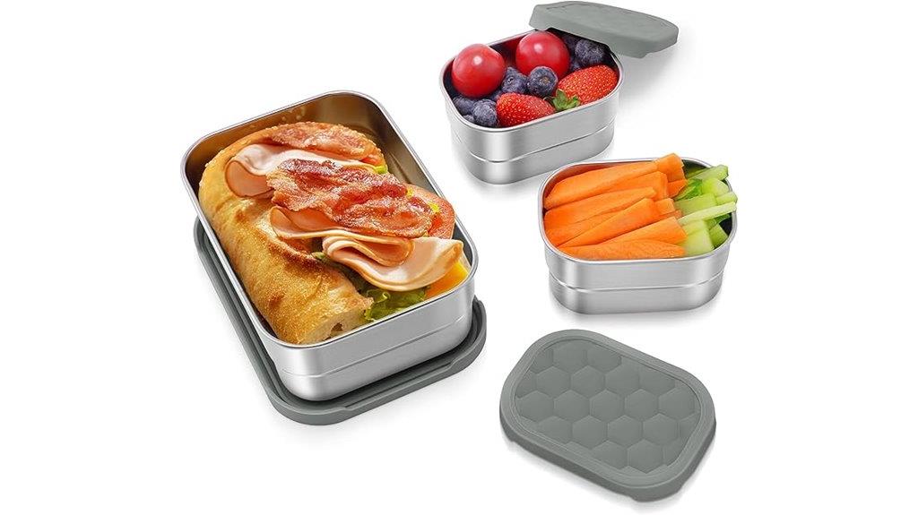 three stainless steel lunchboxes