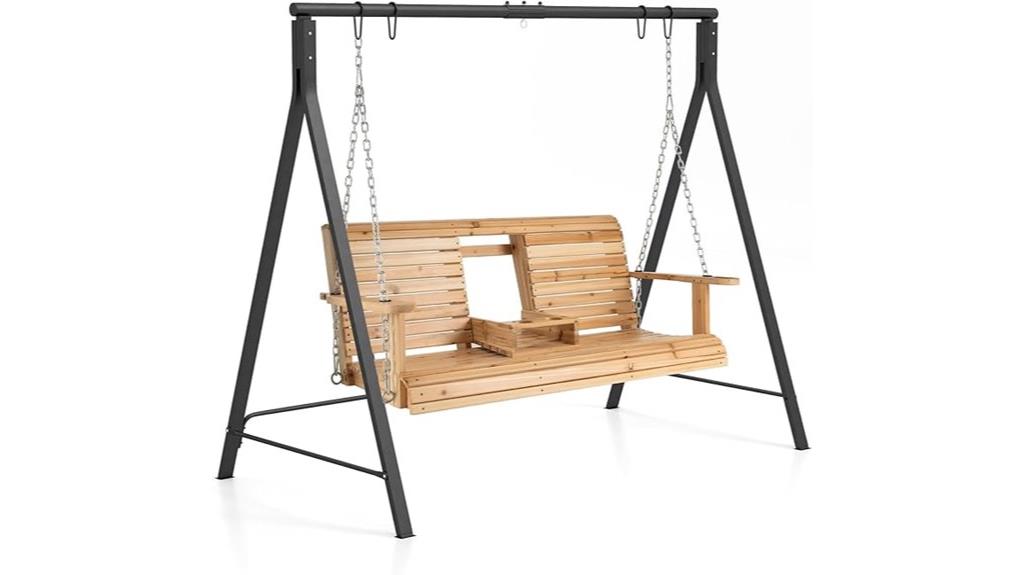 wood porch swing with cupholders